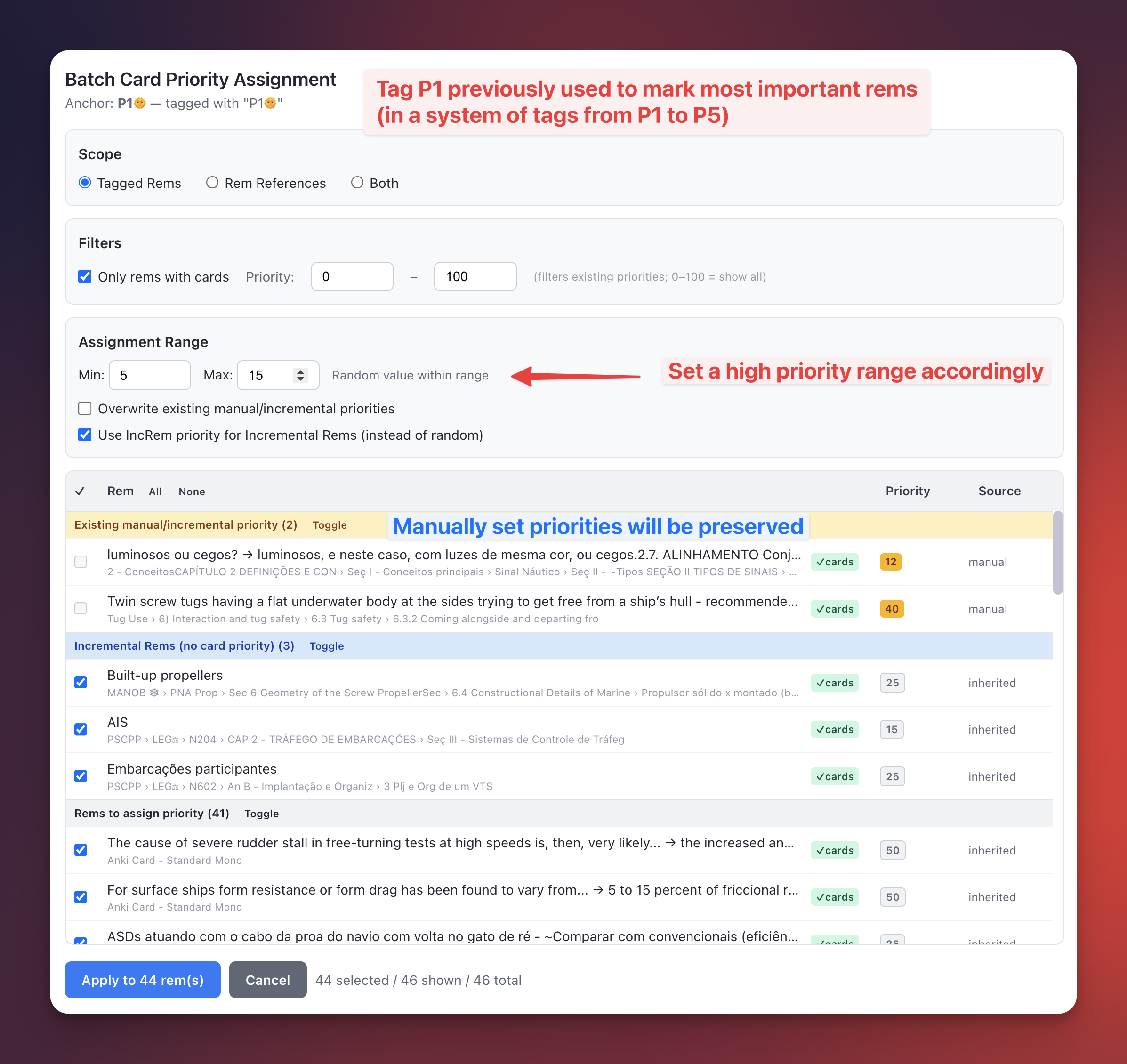 Batch Card Priority widget with scope selector, breadcrumb tree, and priority column