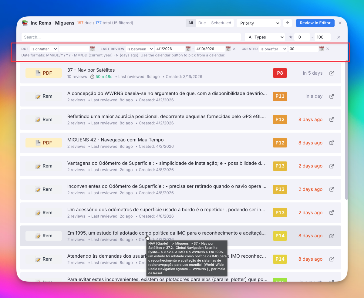 IncRem List Date Filters