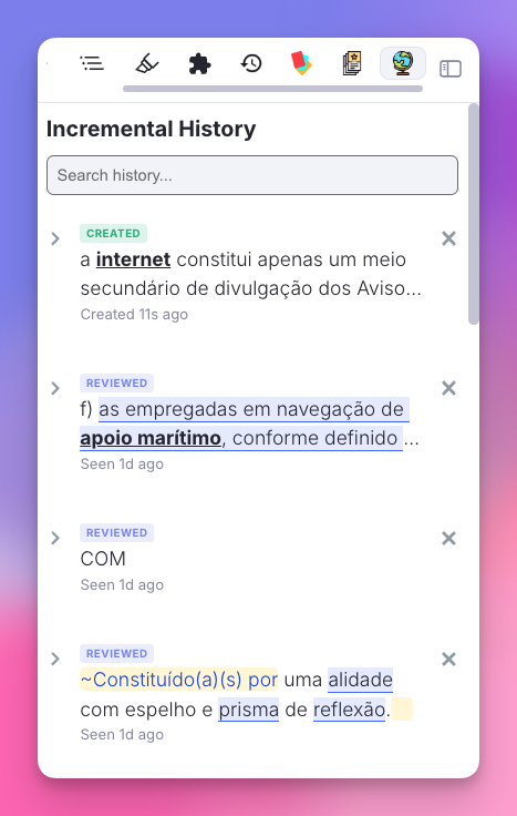 Incremental Rem History Widget showing Created and Reviewed badges