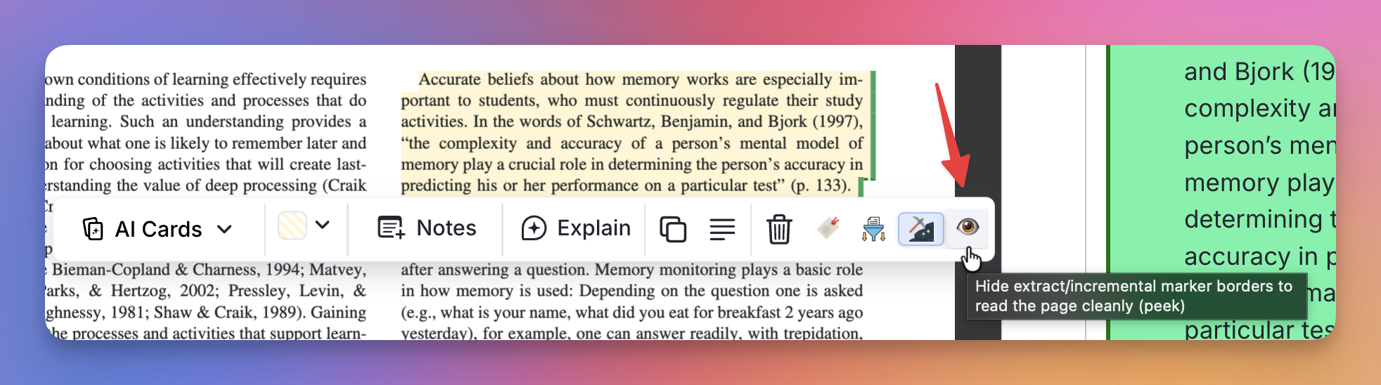 PDF marker borders peek toggle button
