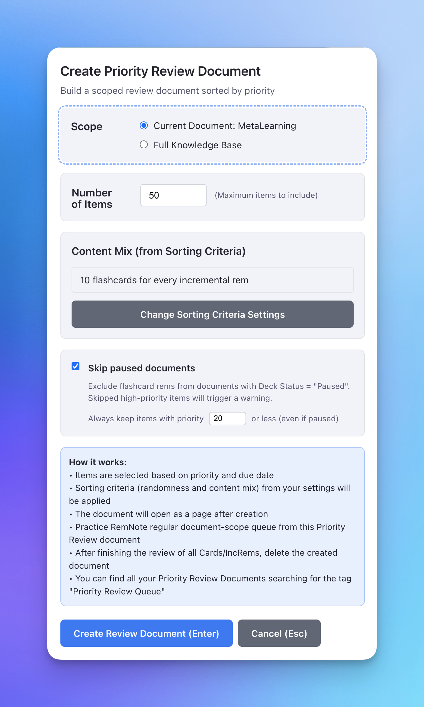 create priority review doc popup