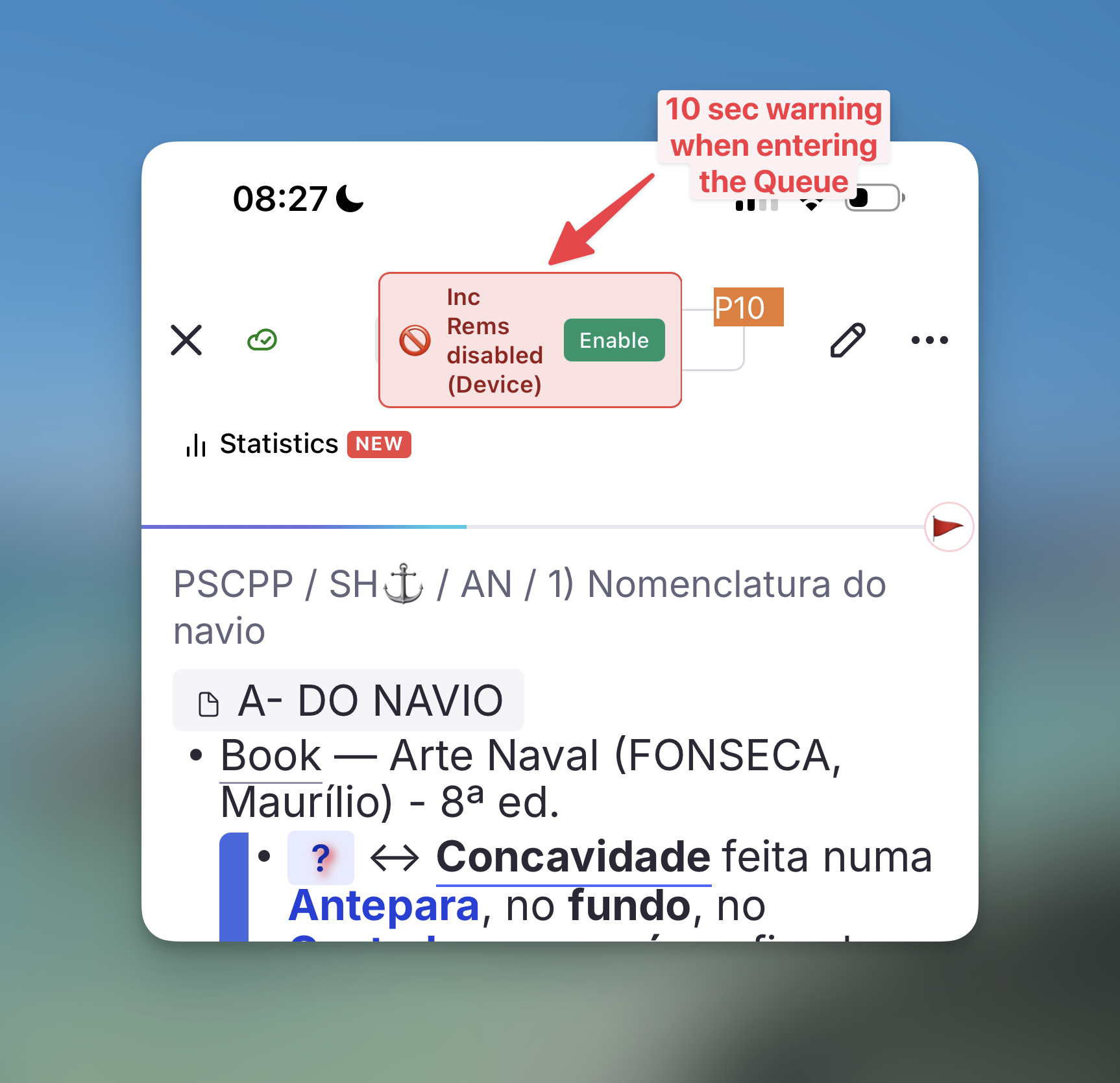 Queue in Mobile showing No Inc Rem in this Device indicator