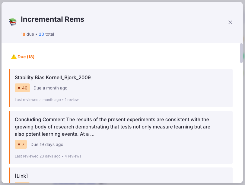 incremental rems list popup
