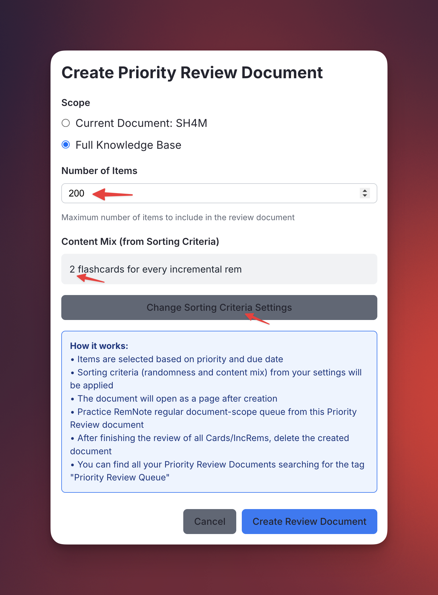 Create Priority Review Doc dialog