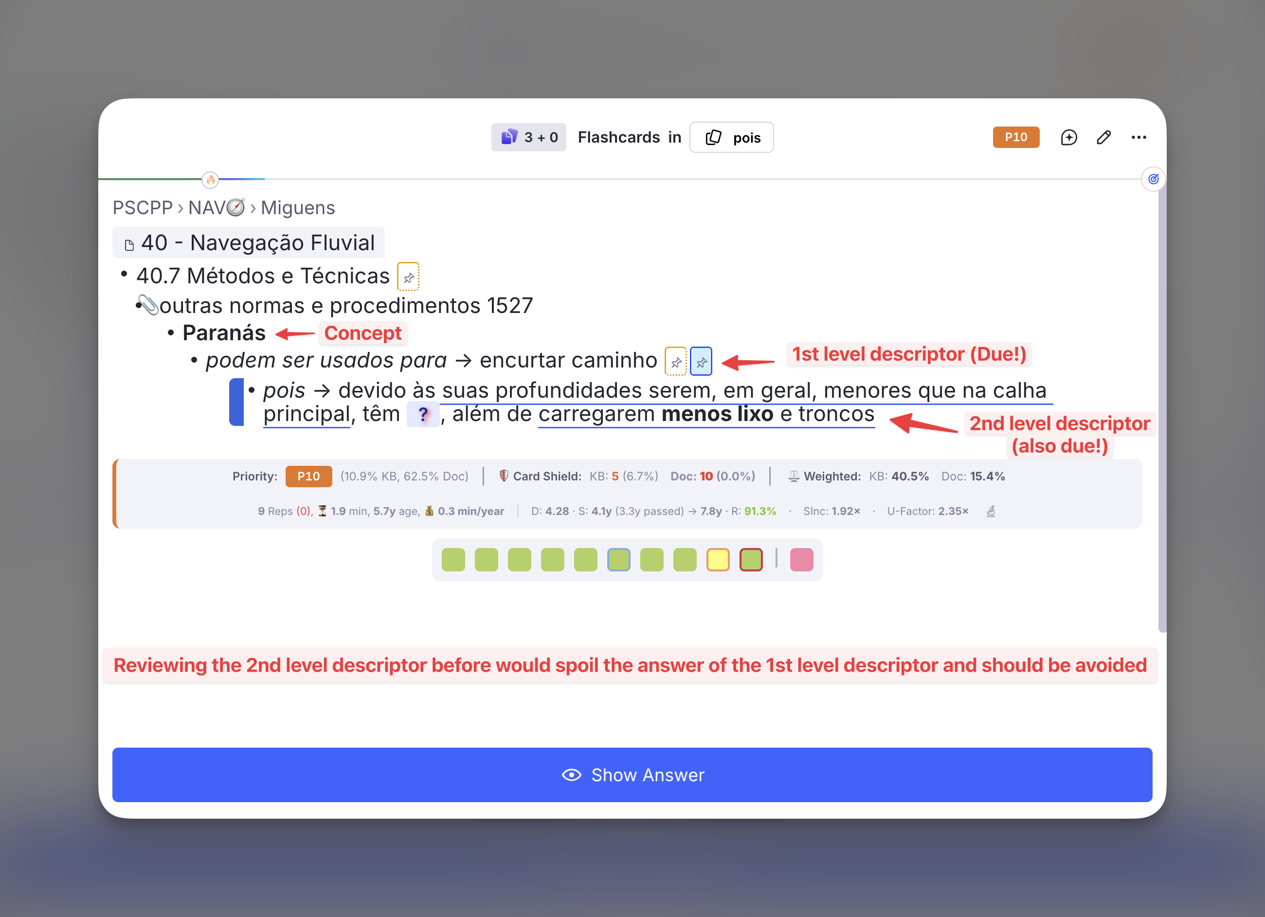 A queue card for a second-level descriptor: the first-level descriptor above it is displayed in full, answer included, and both were due