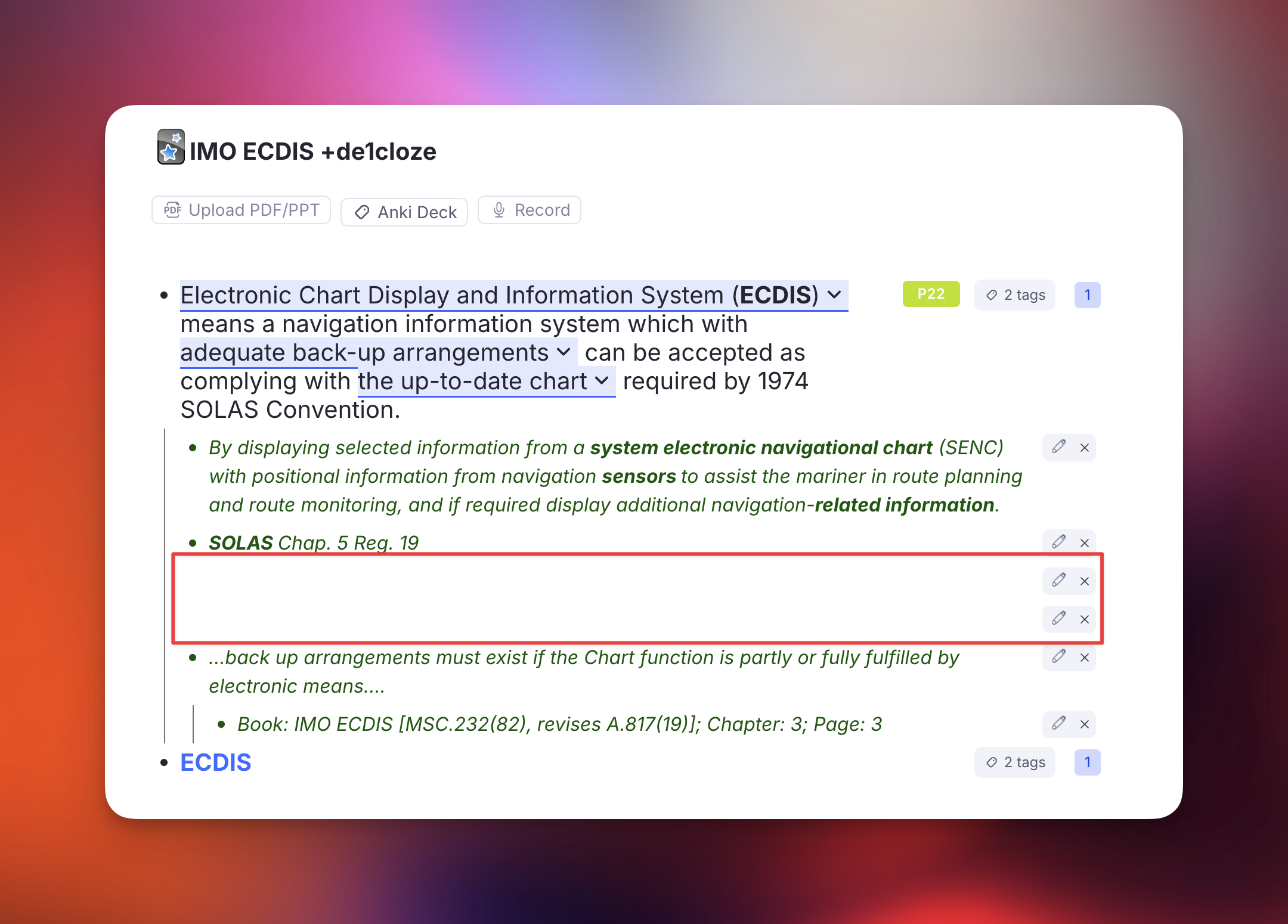 Two empty Extra Card Detail Rems, boxed in red, between real ECD content under a flashcard