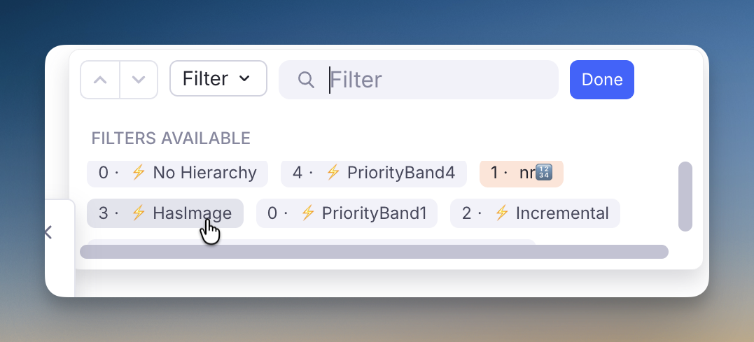 The Ctrl+F Filter list showing HasImage alongside the plugin's other powerup tags