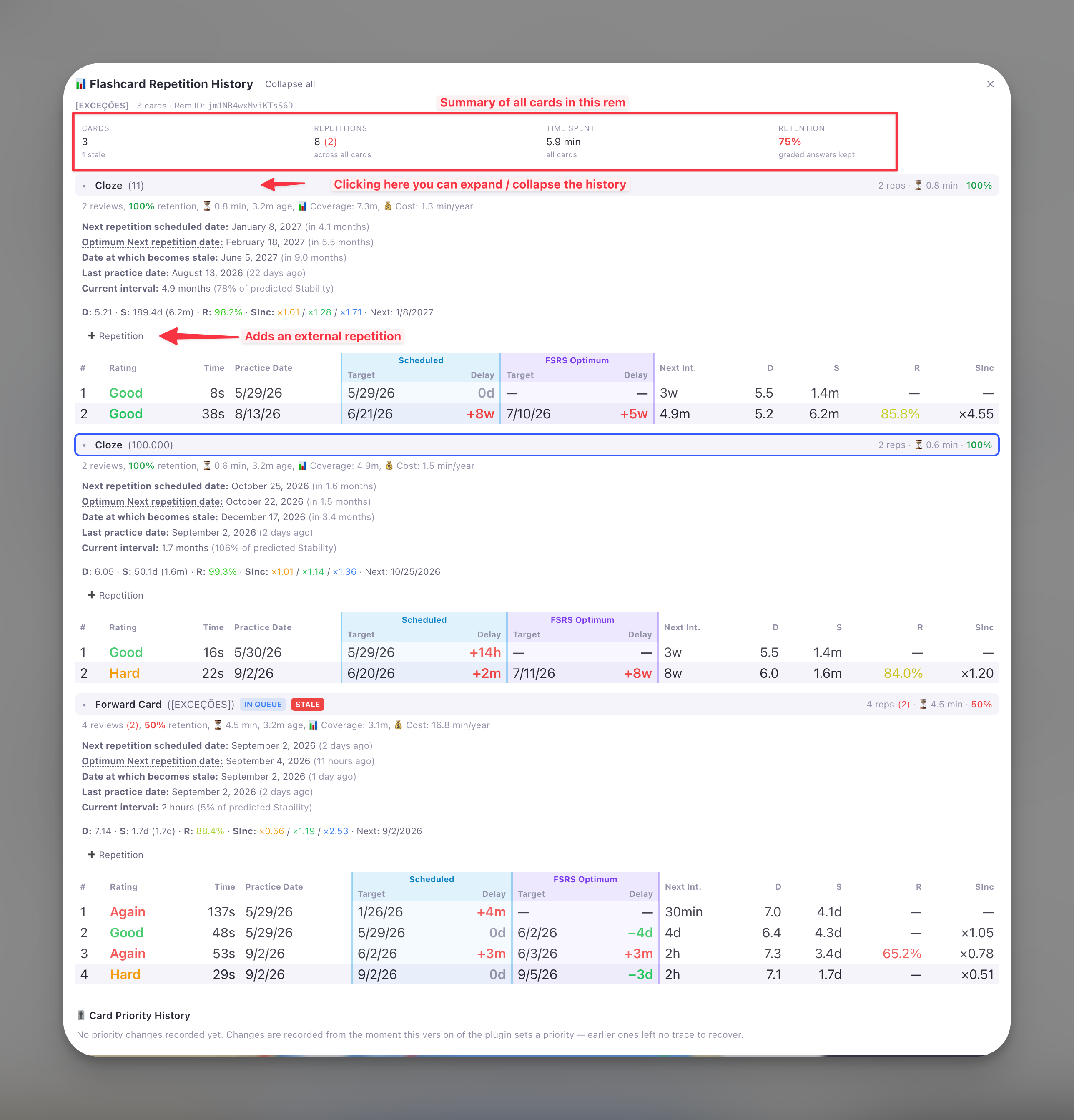 Flashcard Repetition History Popup