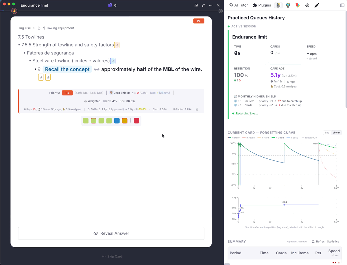 The Forgetting Curve in the Queue Dashboard being switched from Linear to Log, then the 🔬 button opening the Flashcard Repetition History popup, where the same card carries its own curve
