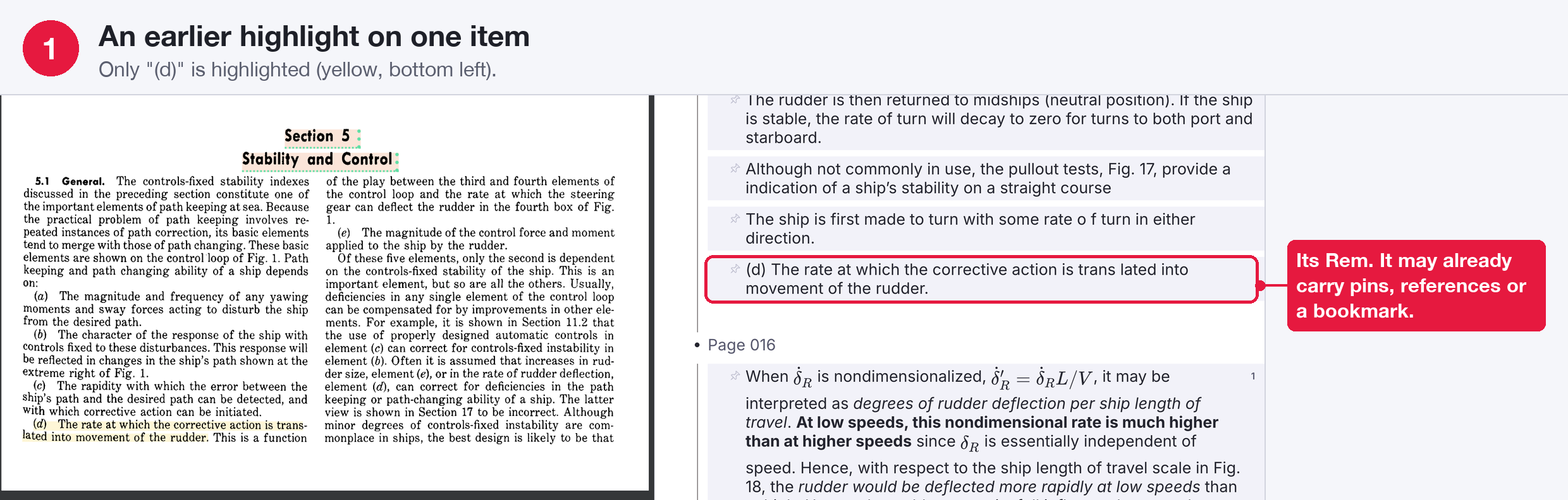 Step 1: an earlier highlight on item (d) only, with its Rem in the Highlights panel