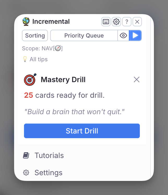 The panel and the Mastery Drill notification below it, both spanning the width of the left sidebar