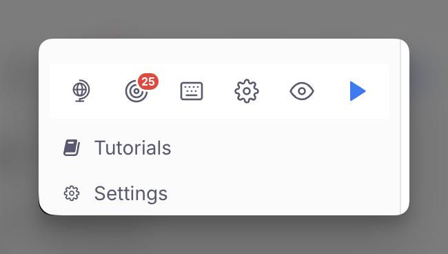 The collapsed panel: the globe, the Mastery Drill with a count badge, keyboard shortcuts, settings, the Priority Review Queue Rem and Learn, in one row above Tutorials and Settings