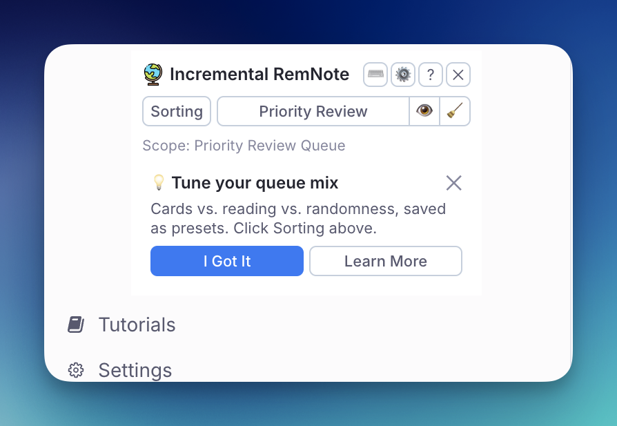 The Incremental RemNote panel: the Priority Review group with its eye and broom actions, and the scope it is about to use named underneath