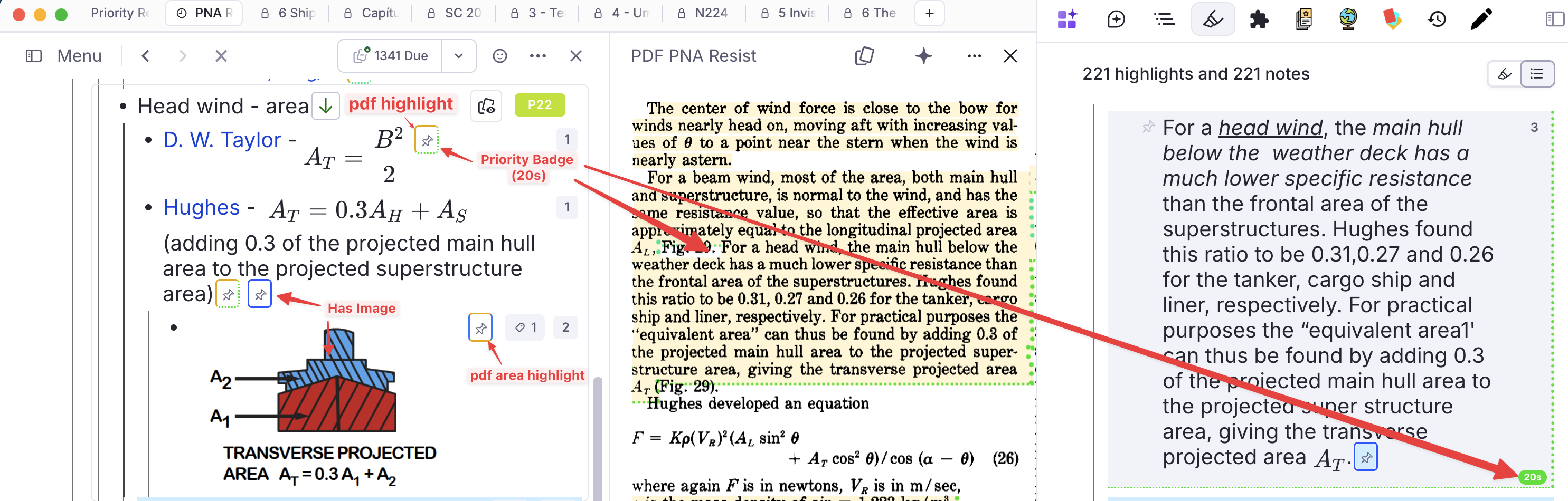 Three pins in one document, each labelled: a yellow ring on a pin to a PDF text highlight (its green dotted bottom and right edges carrying the linked highlight's 20s priority band), a blue ring on a pin to a Rem holding an image, and a yellow-and-blue ring on a pin to a PDF area highlight