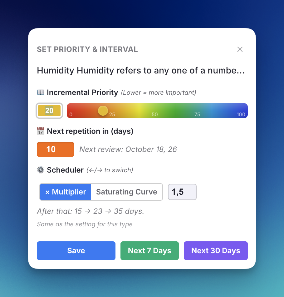 The Priority & Interval popup with its Scheduler row under the priority slider and the interval field