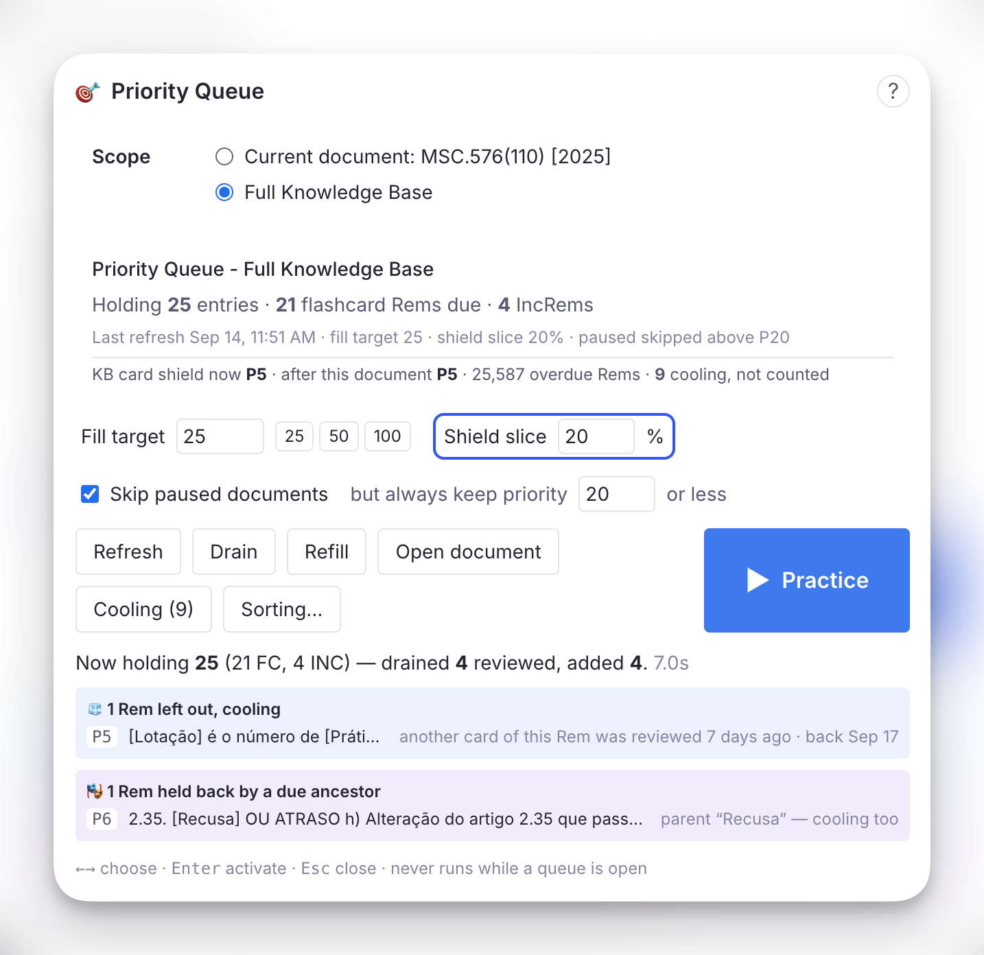 The Priority Queue popup after a refresh: the result line, a blue panel with one Rem left out as cooling, and a purple panel with one Rem held back by a due ancestor that is cooling too