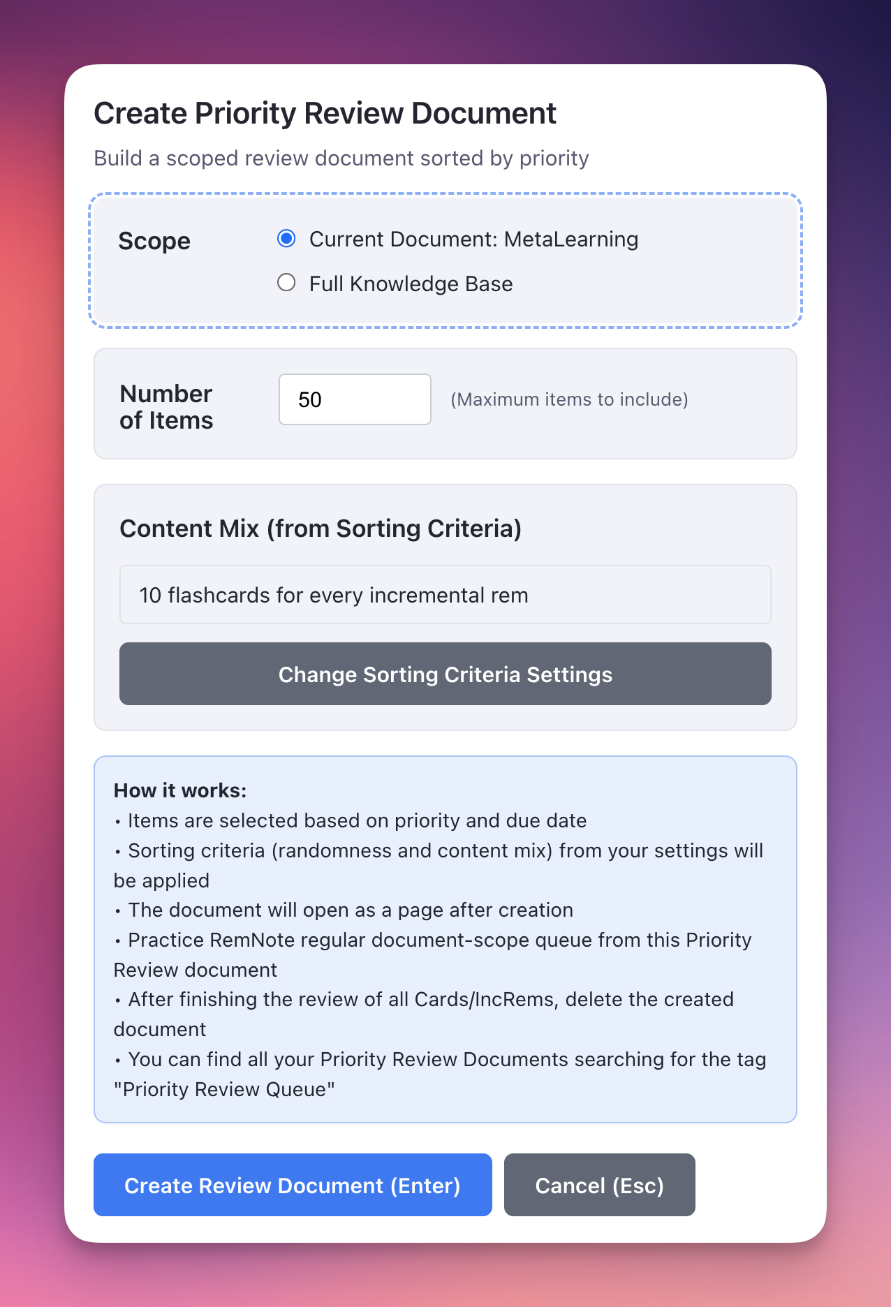 create priority review doc popup