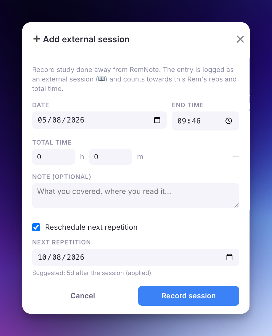 Add external session dialog