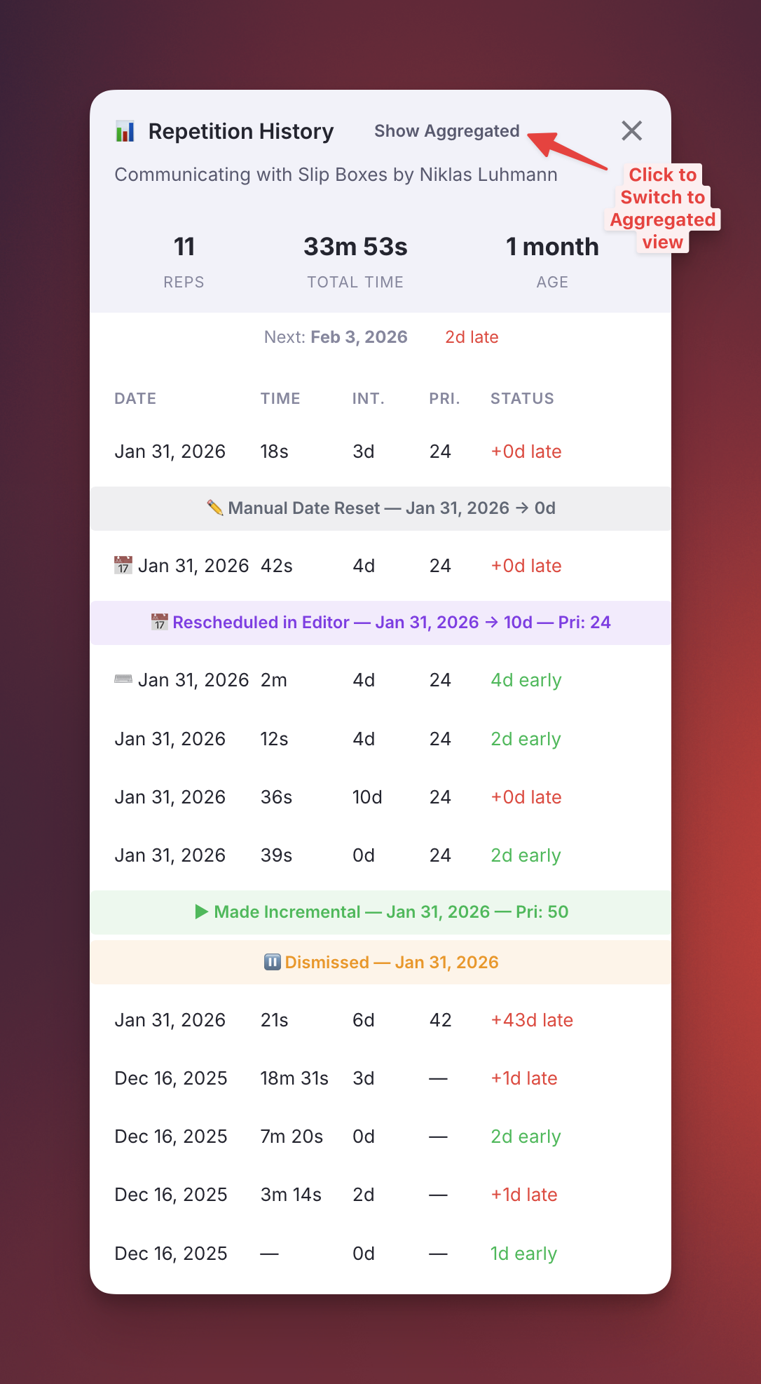 Repetition History Popup