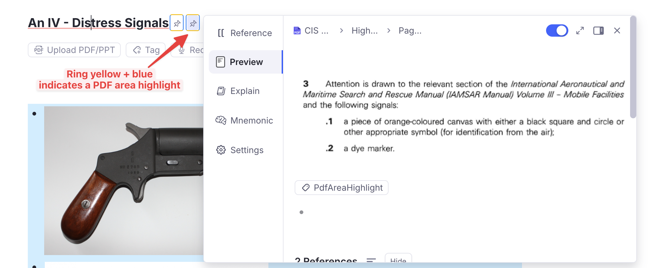 Two reference pins on a document title, each ringed yellow and blue because their target is a PDF area highlight — confirmed by the PdfAreaHighlight tag in the hover preview