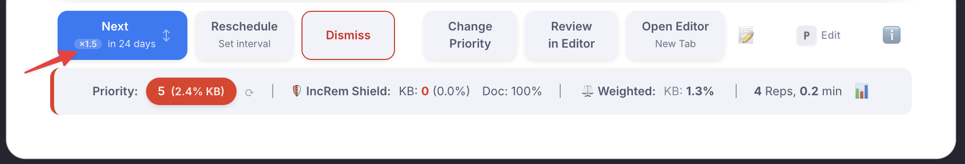 The Next button with a ×1.5 chip before "in 24 days"