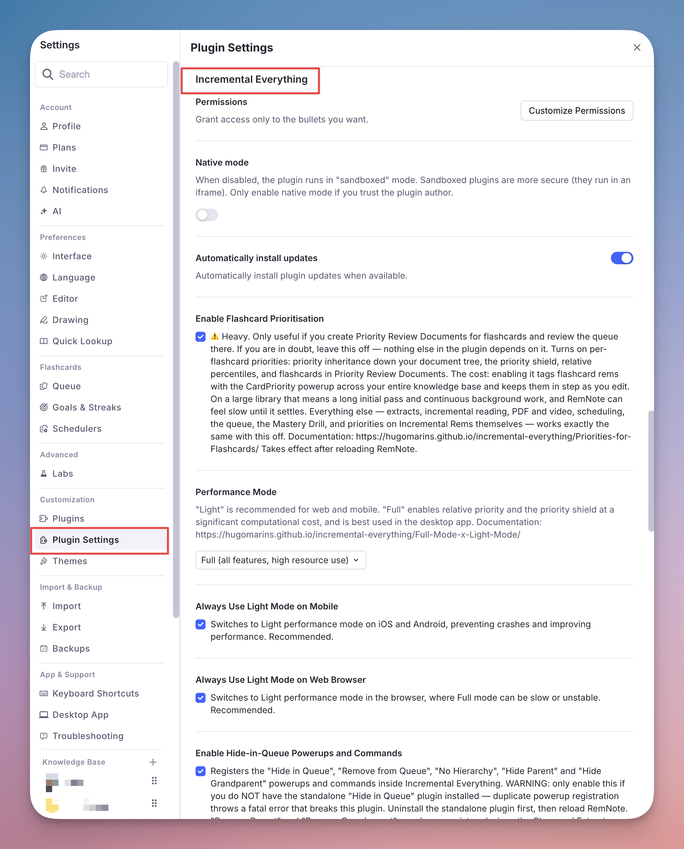 The five settings that stay in RemNote's own plugin settings panel