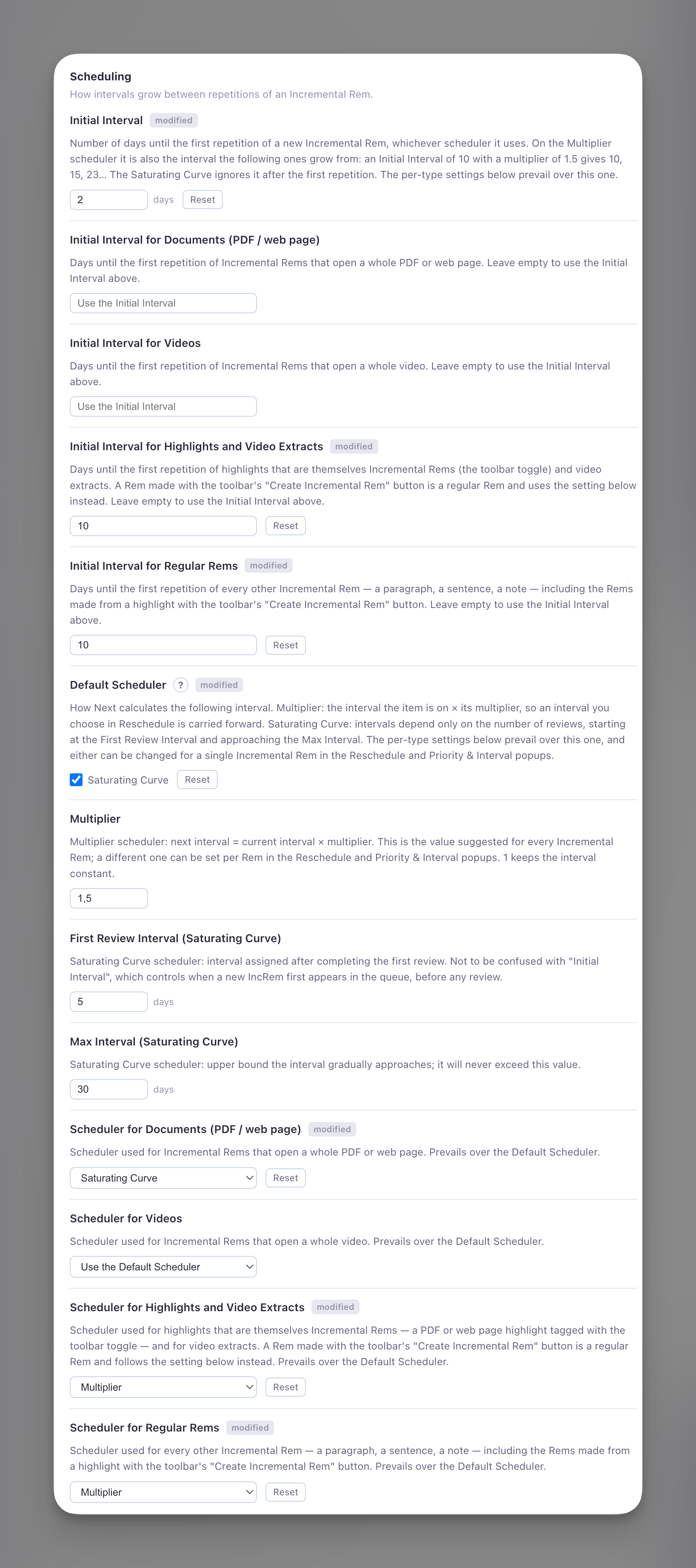 The Scheduling group of the settings popup: Initial Interval and its four per-type settings, Default Scheduler, Multiplier, the two Saturating Curve settings and the four per-type schedulers