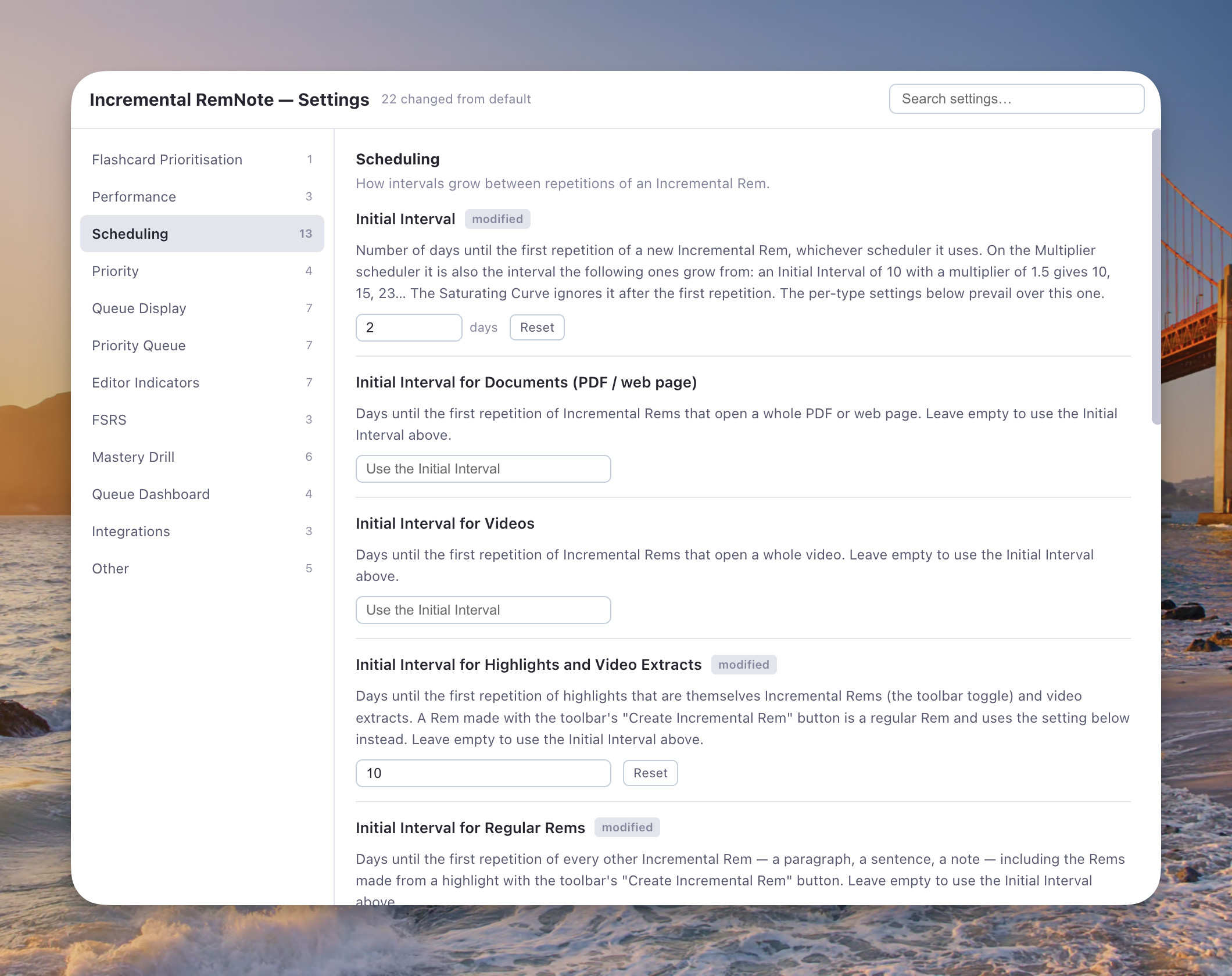 The Incremental RemNote settings popup, open on the Scheduling group