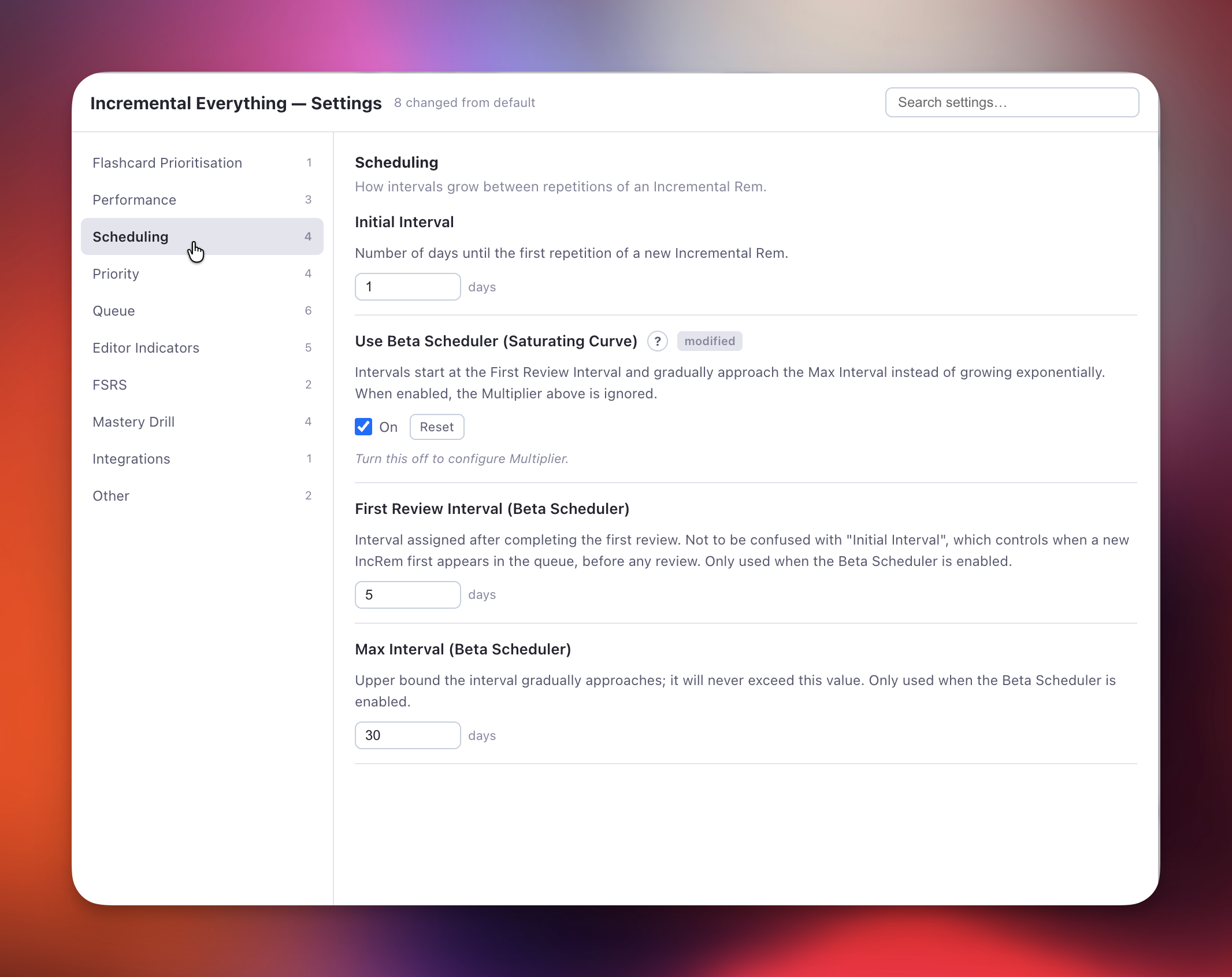 The Incremental RemNote settings popup