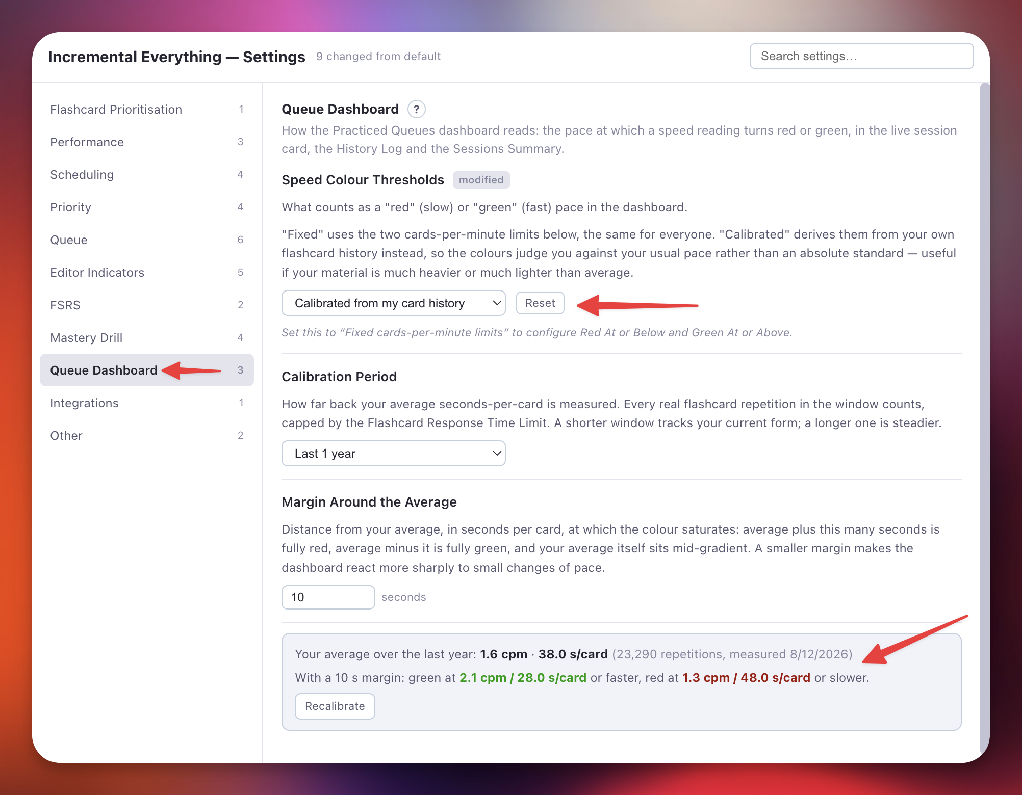 The Queue Dashboard settings section in calibrated mode
