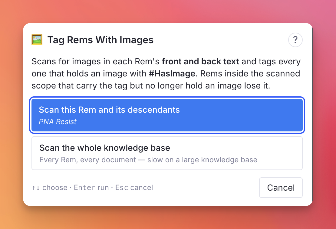 The Image Scan popup: the first button names the Rem it would scan, the second offers the whole knowledge base, and the footer lists the keys