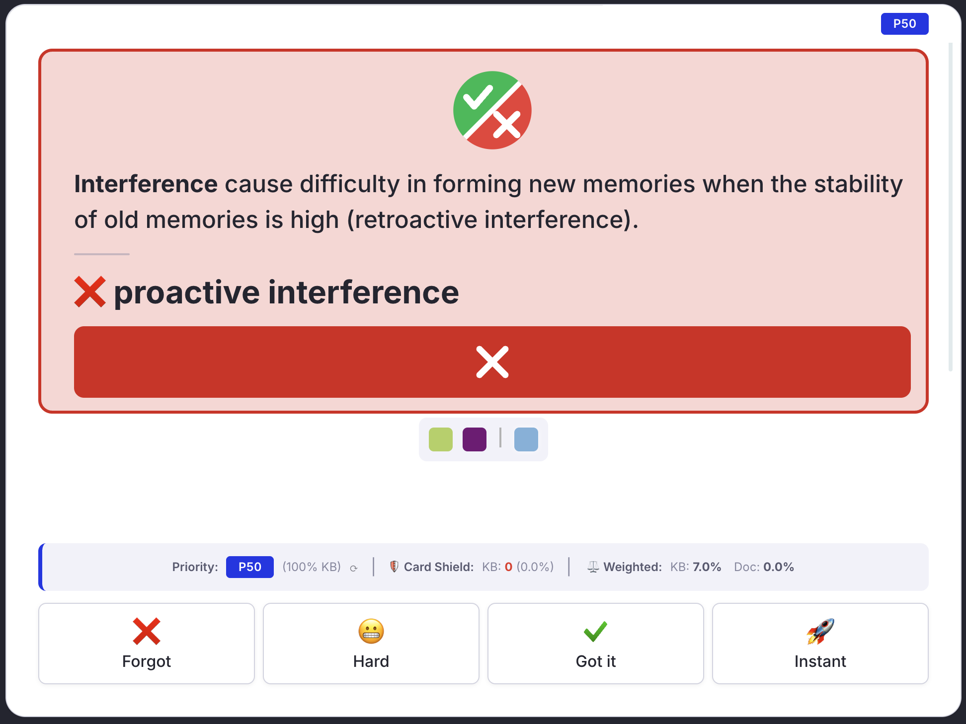 The answer side of a false statement: a red block holding the statement, the ❌ and its correction in large bold type, and a red ✘ bar; the Card Info Bar and answer buttons below keep their normal background
