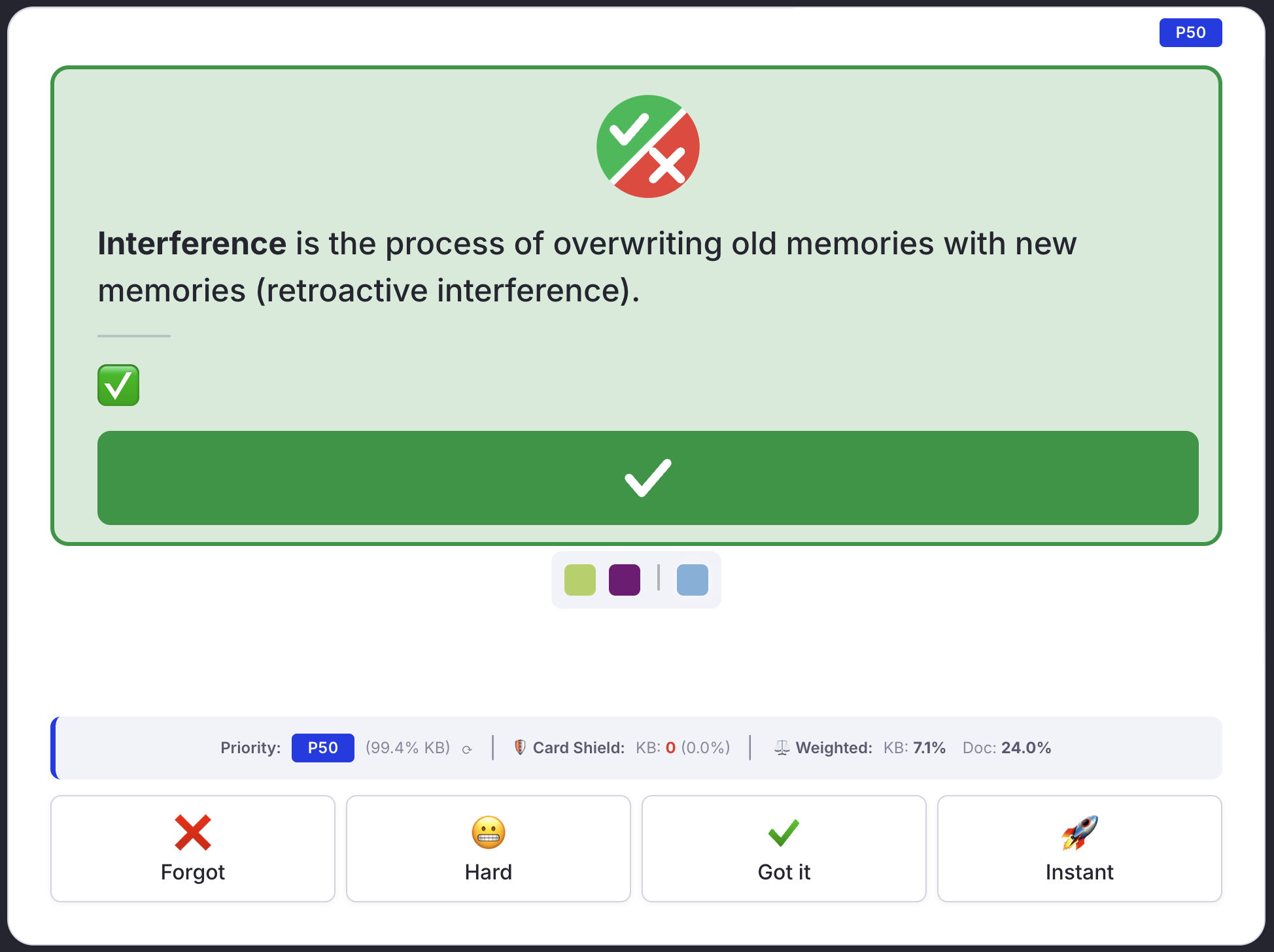 The answer side of a true statement: a green block holding the statement, the ✅ and a green ✔ bar, above the answer buttons