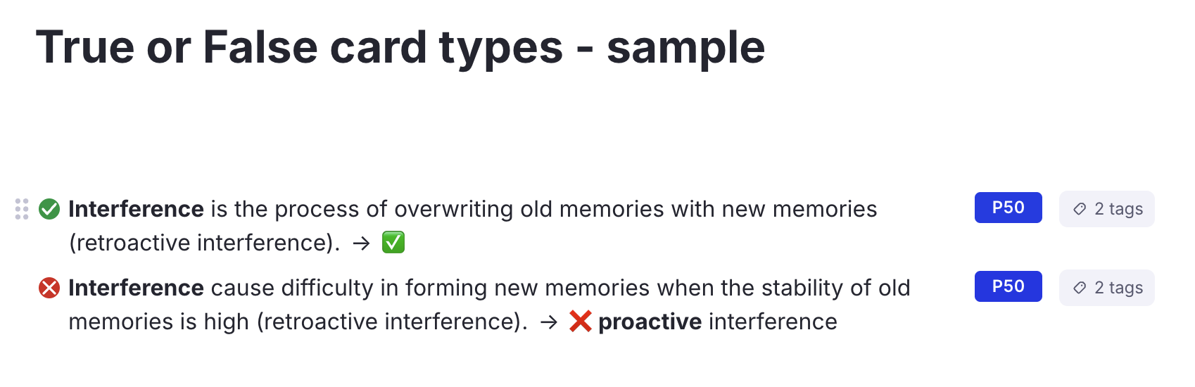 Two statement Rems in the editor, the first with a green ✔ bullet and ✅ on its back, the second with a red ✘ bullet and ❌ followed by a correction; each shows a "2 tags" chip