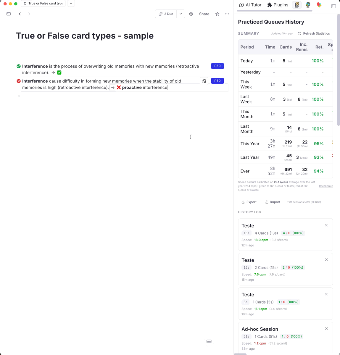 Two statements in the editor with ✔ and ✘ bullets; the queue opens, shows the ✔/✘ badge over a statement, and the answer is revealed in a red block, then the next one in a green block